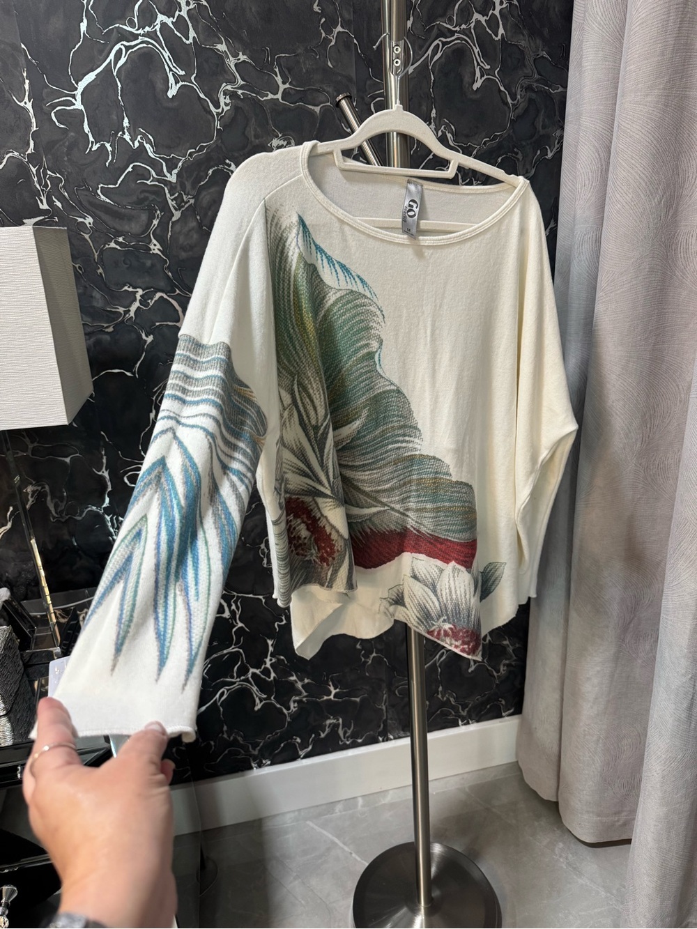 Go Couture Ivory Off-Shoulder Floral-Print Sweater with Teal & Red Accents